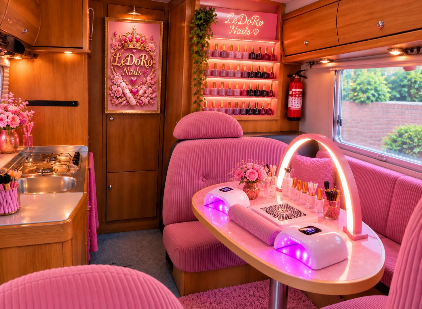 Interieur van de mobiele LeDoRo Nails-salon: warm hout, poederroze banken, een verlichte nageltafel en een wand vol lakjes