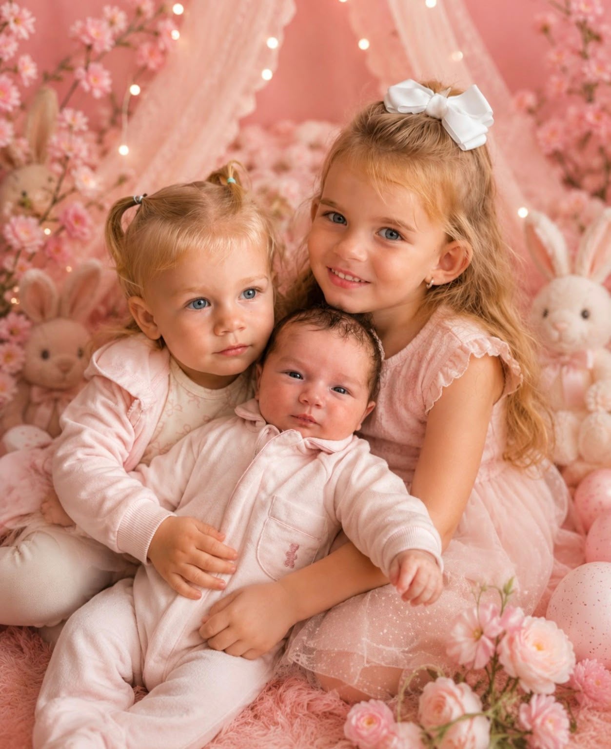 De drie kleindochters van Silvia, Leticia, Donna en Romy, samen tussen roze bloemen en knuffelkonijnen
