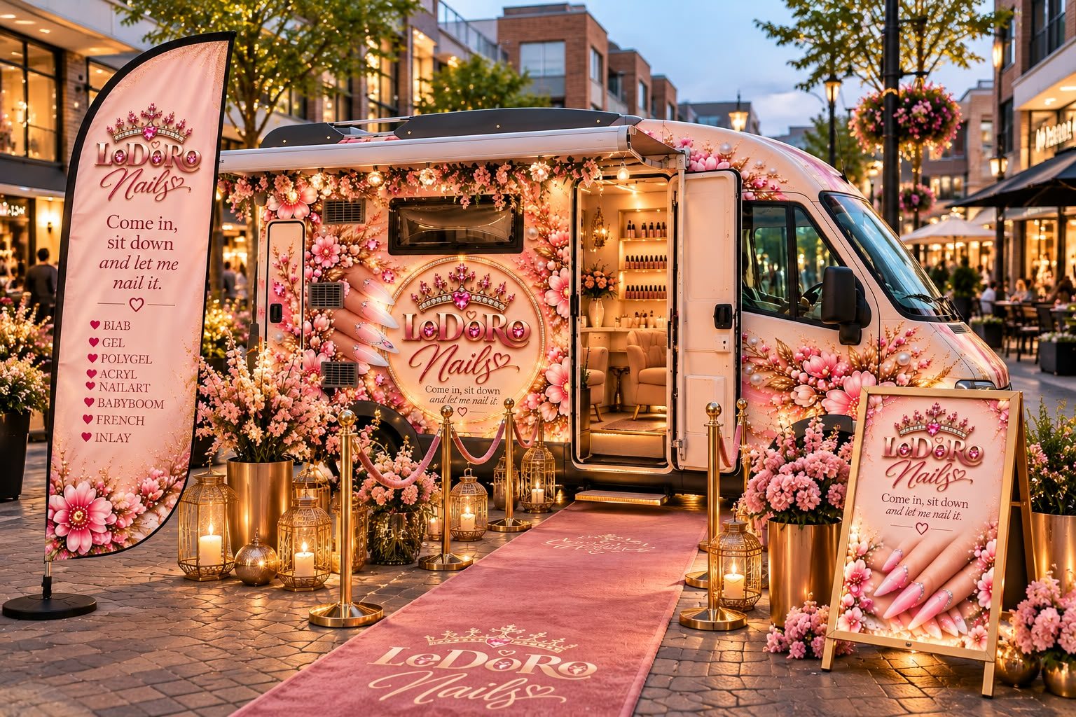 De LeDoRo Nails-truck: zachtroze beschilderd met bloemen, parels en het gouden kroonlogo