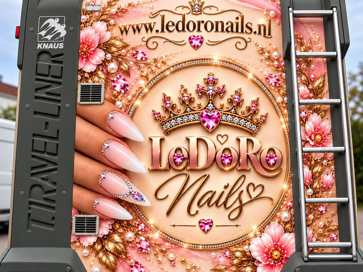 De LeDoRo Nails-truck: zachtroze beschilderd met bloemen, parels en het gouden kroonlogo