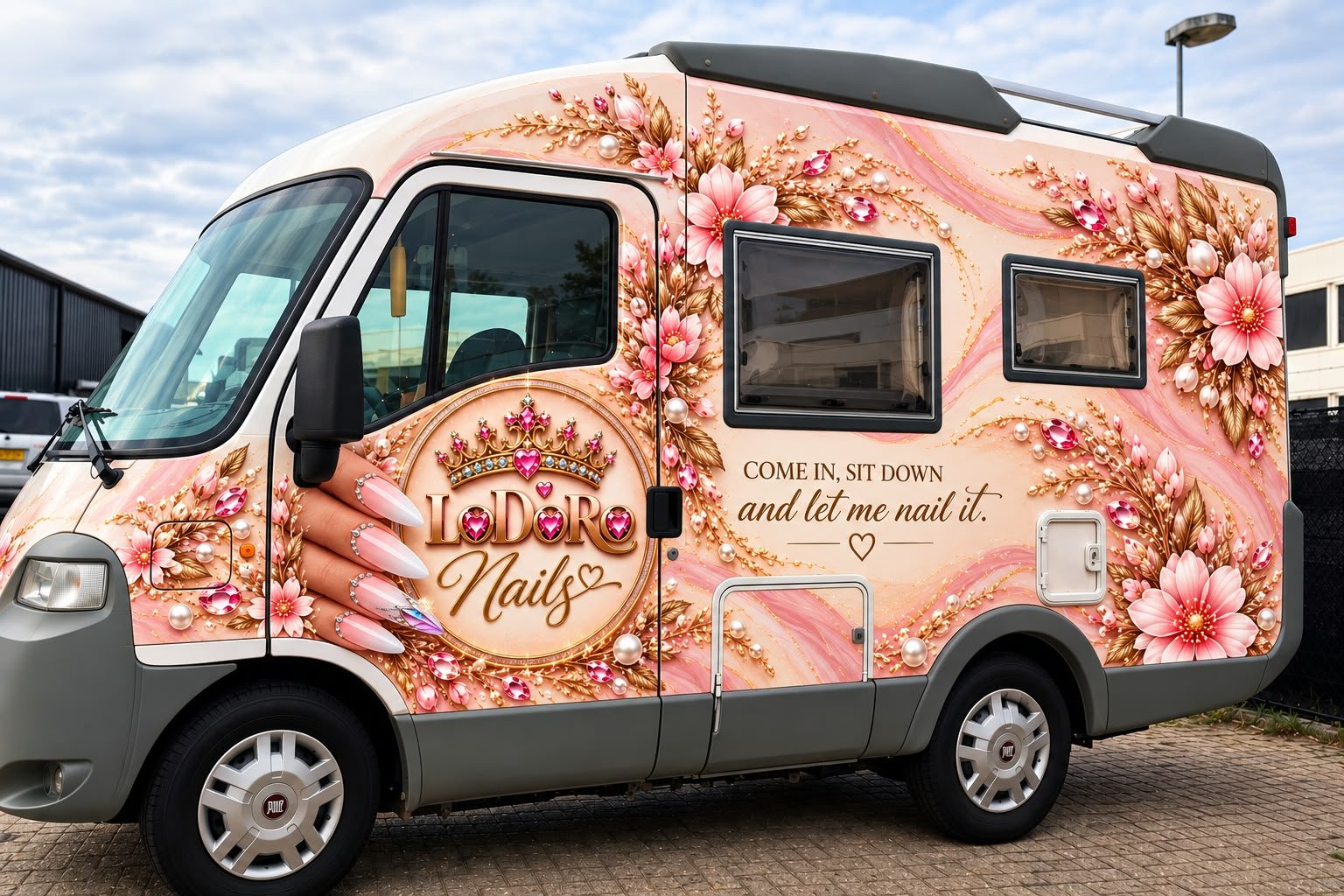 De LeDoRo Nails-truck: zachtroze beschilderd met bloemen, parels en het gouden kroonlogo